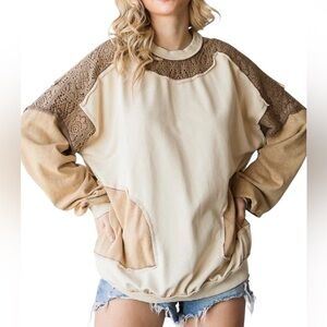 Oli & Hali Colorblock Lace Detail Sweatshirt Medium Cream Tan Boho Pullover Top